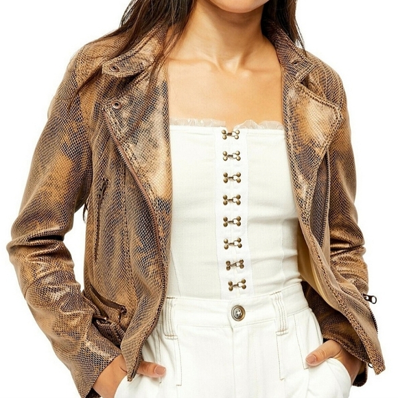 NWT🐍 Free People Python Snake Faux Leather Golden Jacket, Large - Picture 2 of 16